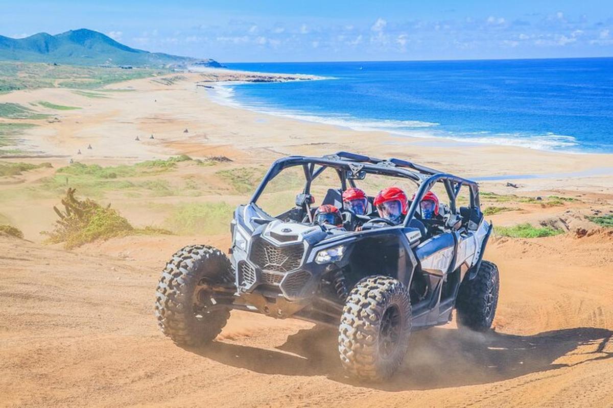 una persona en un vehículo de cuatro ruedas conduciendo por una playa