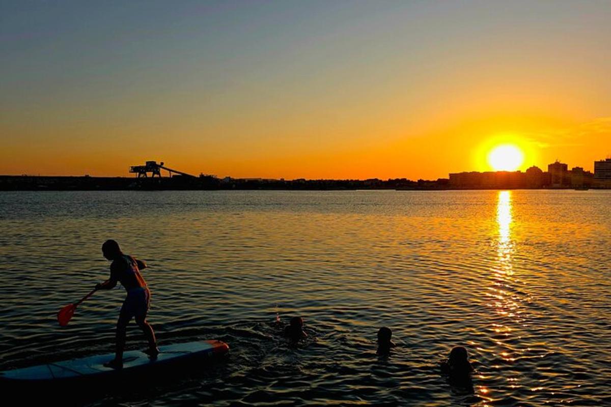 a person on a paddle board in the water at sunset