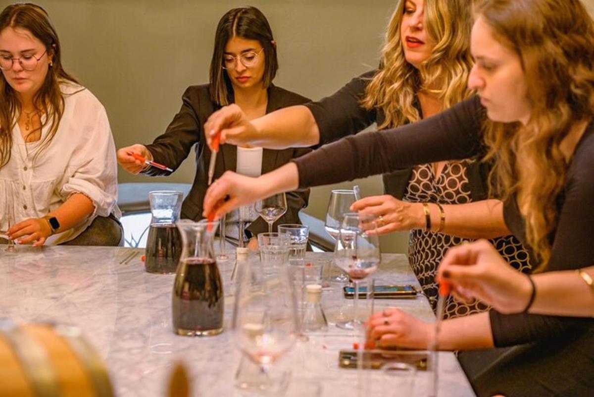 um grupo de mulheres em pé ao redor de uma mesa com taças de vinho