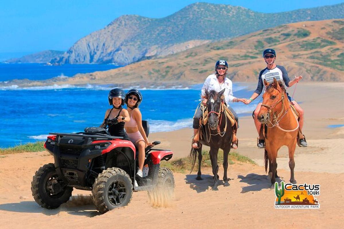 a group of people riding atvs and horses on the beach