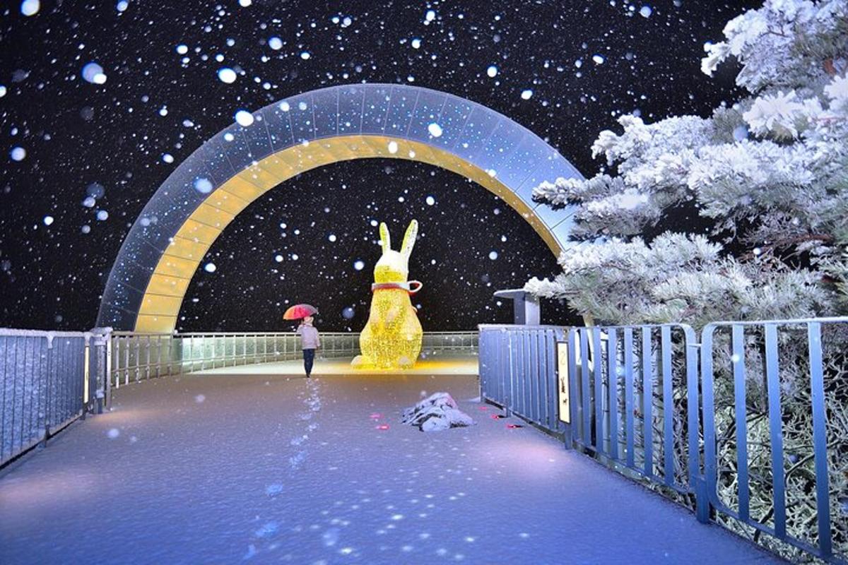 a person with an umbrella walking under a tunnel with a rabbit