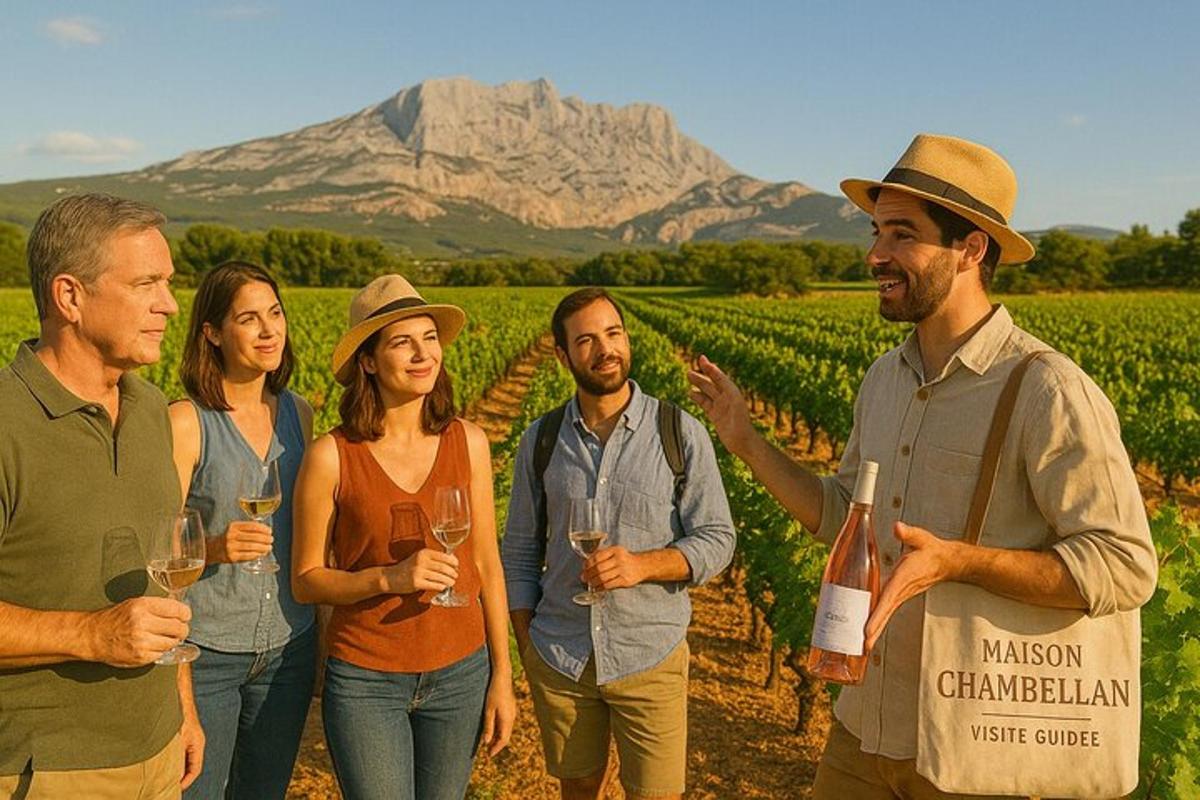 a group of people standing in a vineyard holding wine glasses