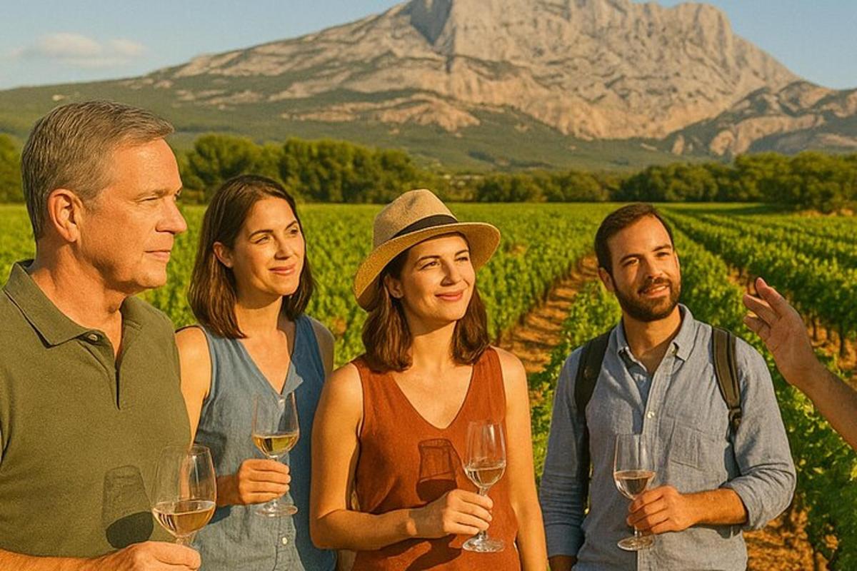 a group of people standing in a vineyard holding wine glasses