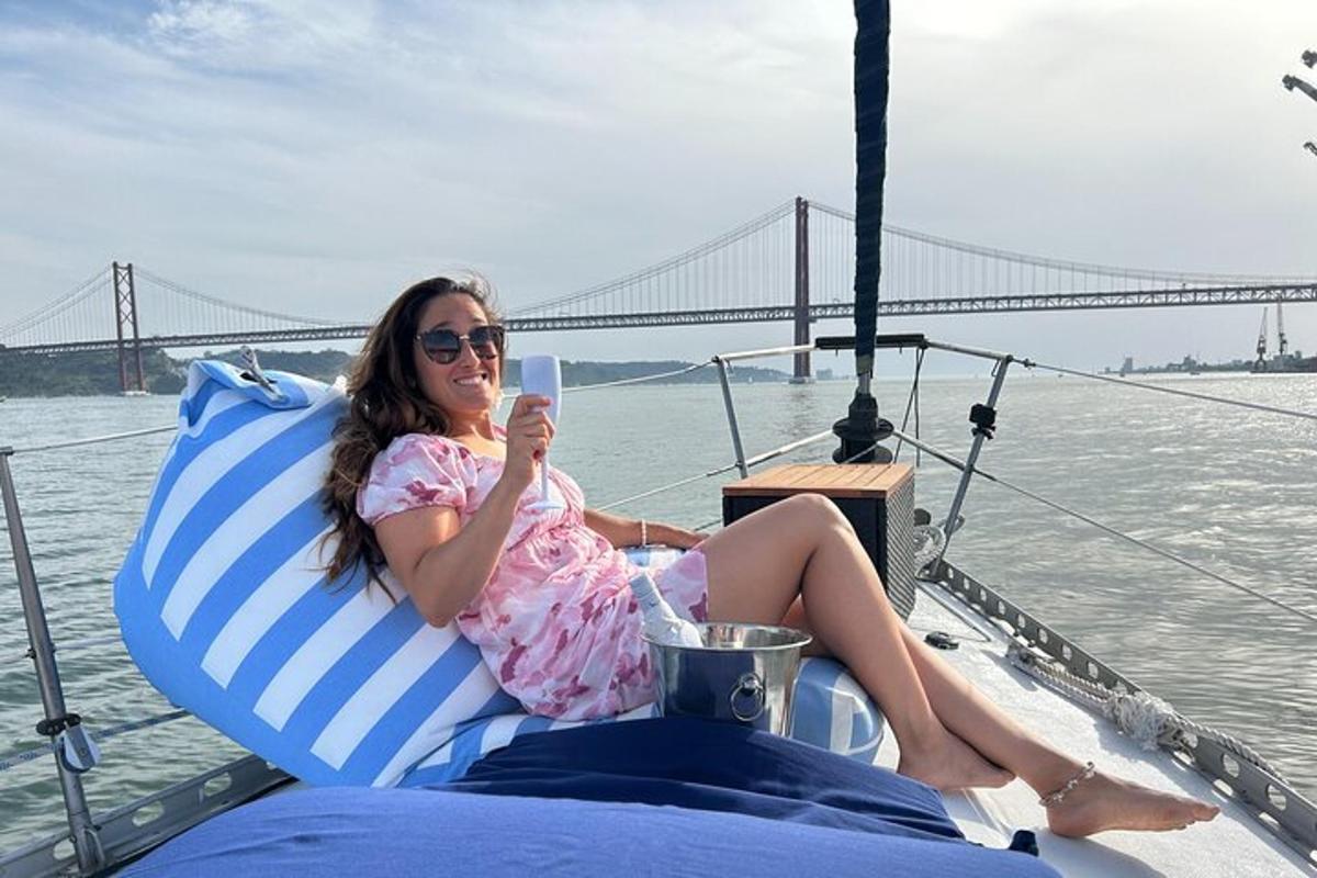 a woman sitting in a chair on a boat