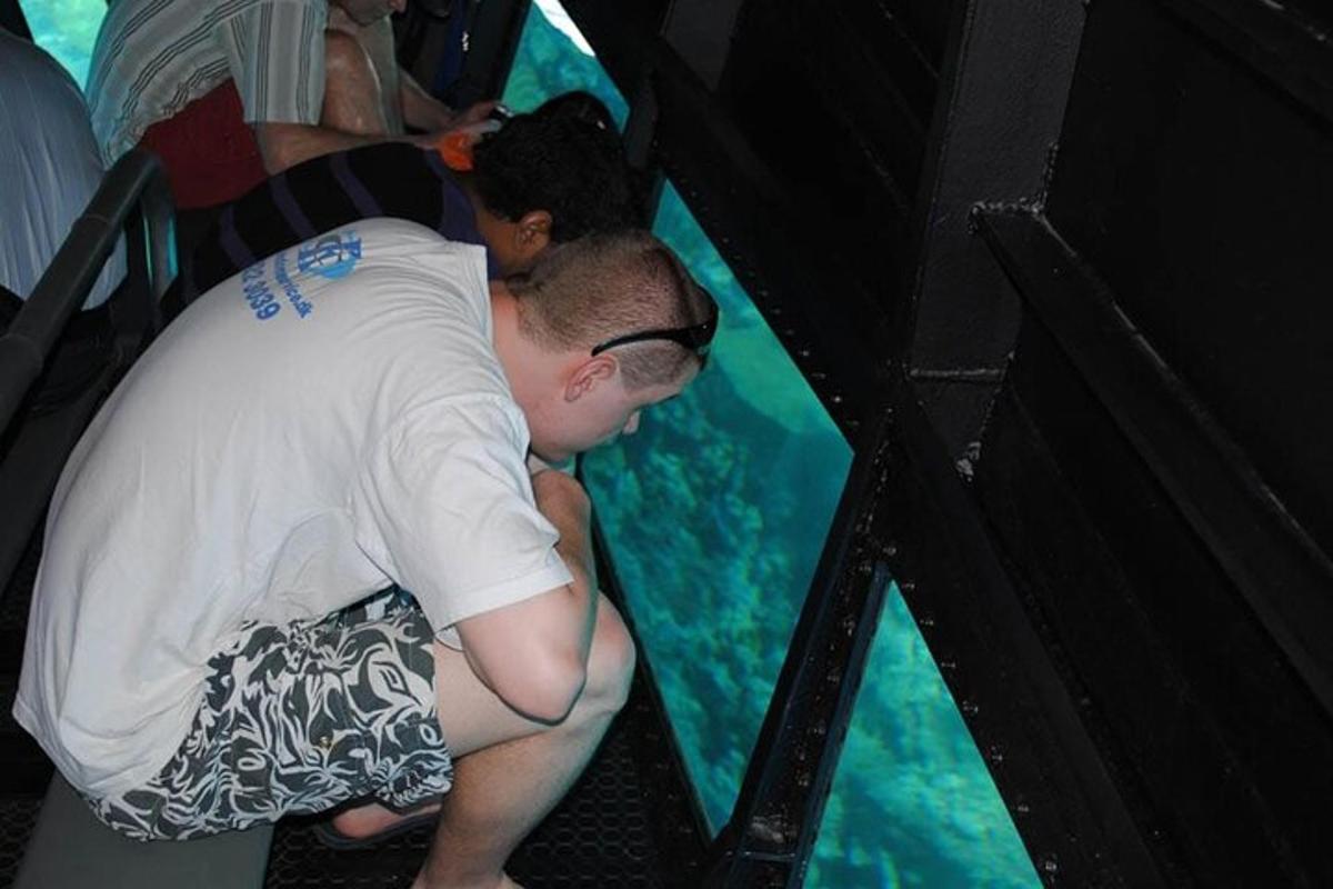 Un joven mira dentro de un acuario de cristal.