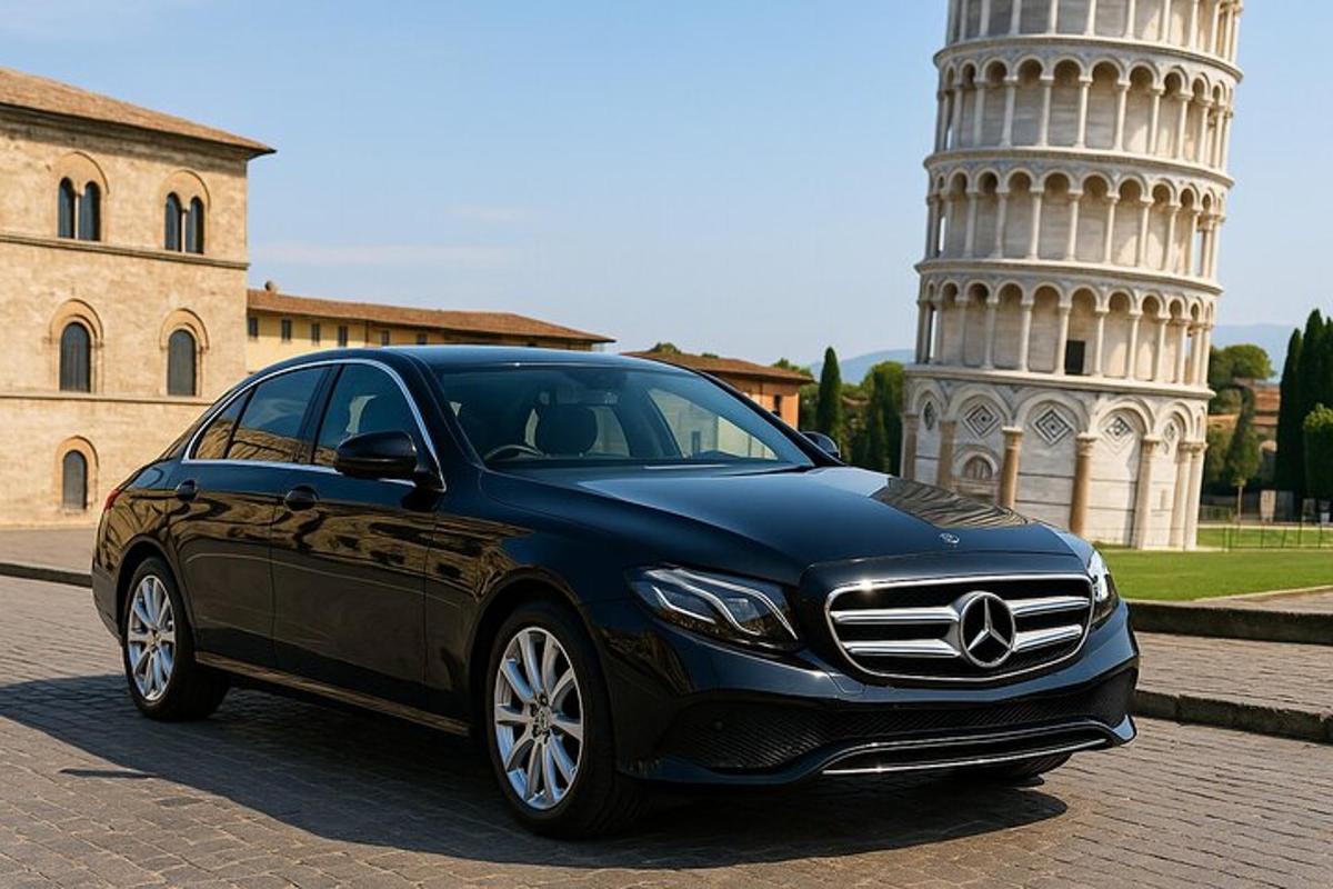un'auto nera parcheggiata davanti a una torre
