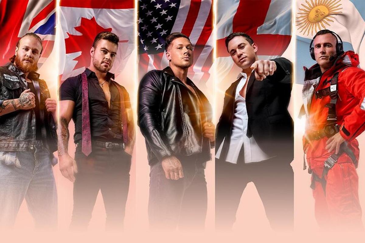 a group of men standing in front of an american flag