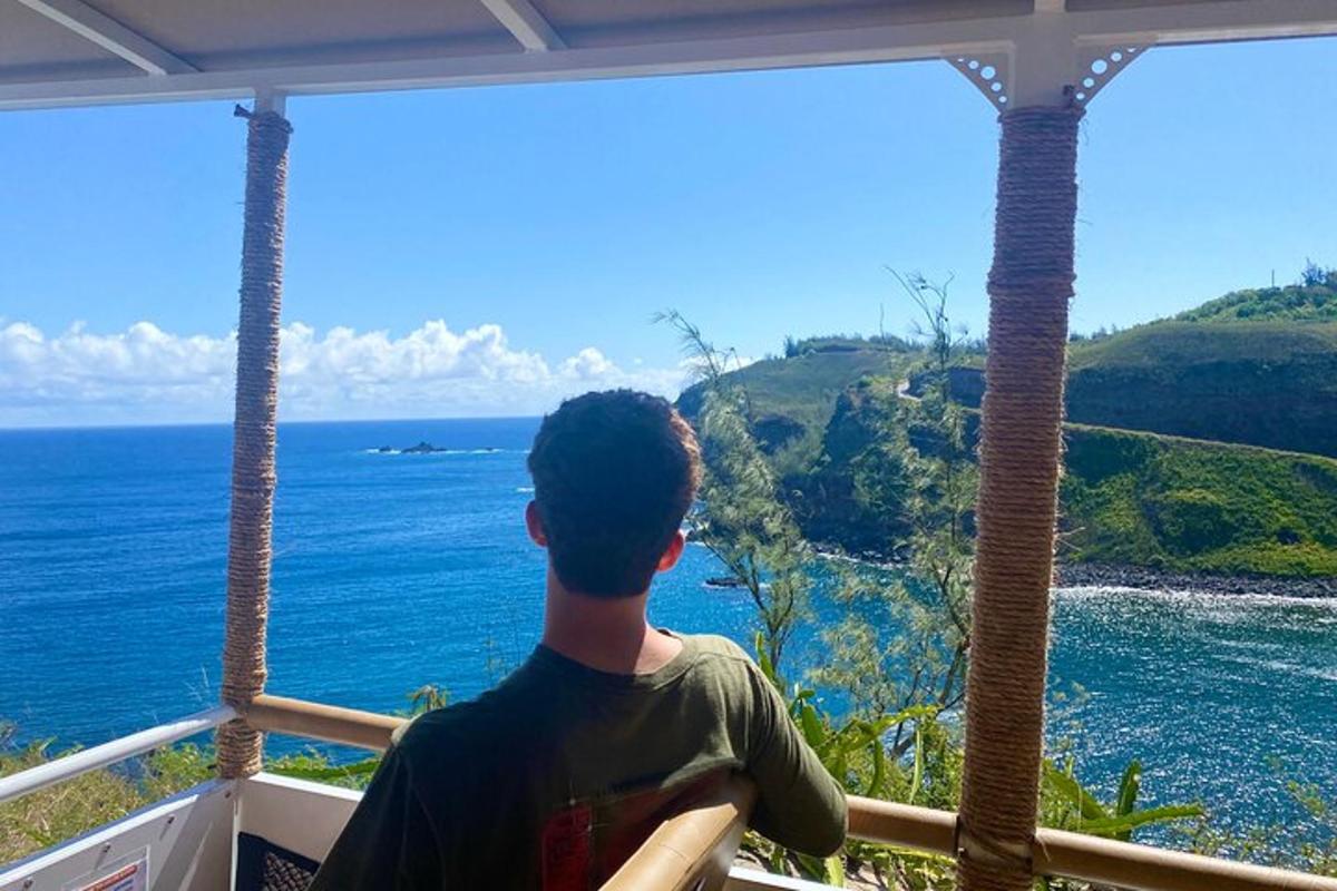 un bărbat care stă pe un balcon și privește oceanul
