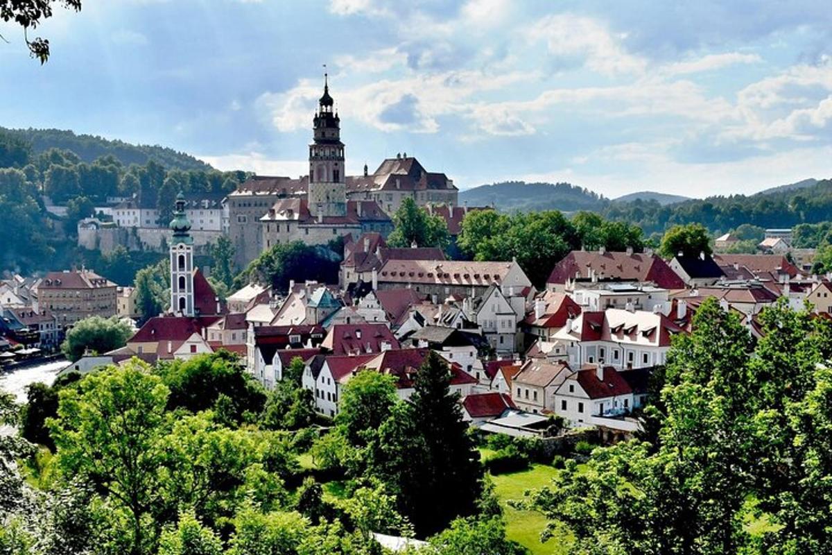 mesto z velikim gradom v ozadju