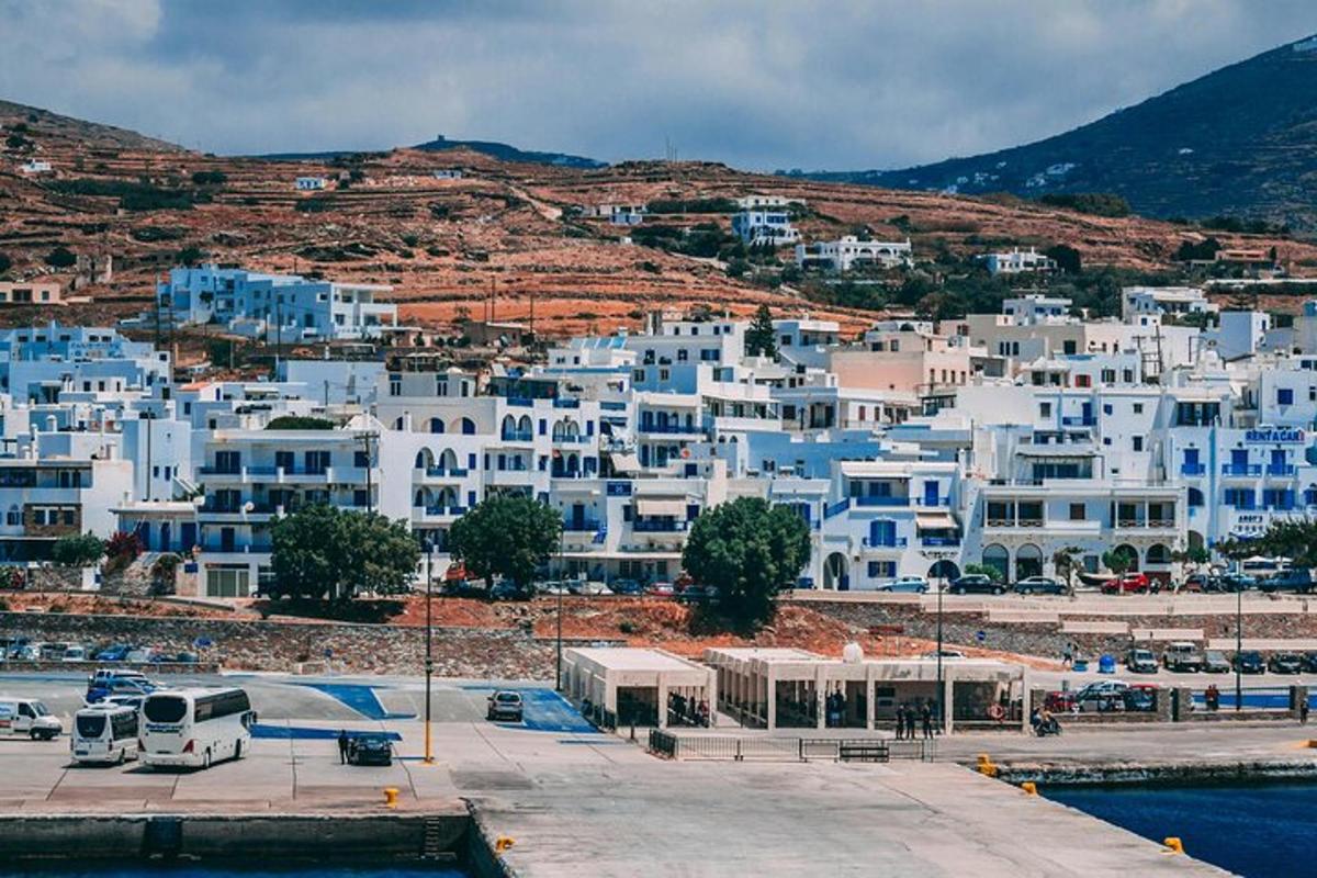 a group of blue and white buildings on a hill