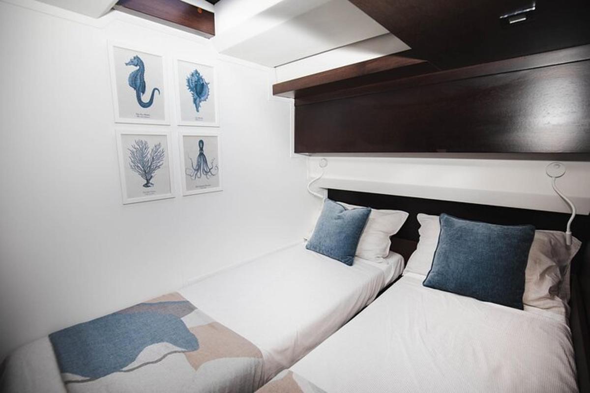 um quarto com duas camas com travesseiros azuis