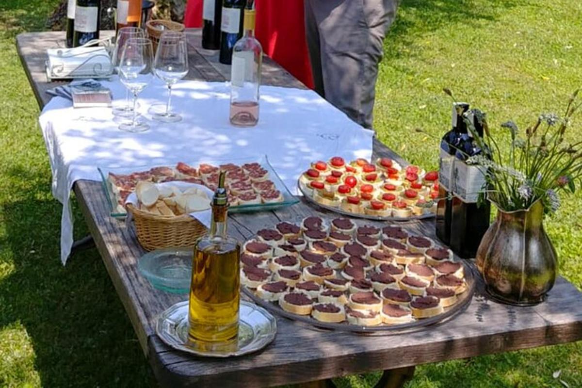 lautarborð með þremur pizzum og vínflöskum