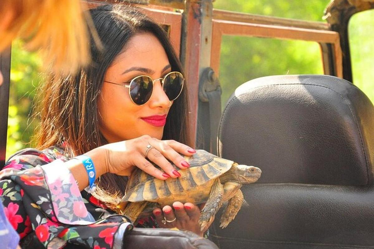 uma mulher segurando uma tartaruga em um veículo