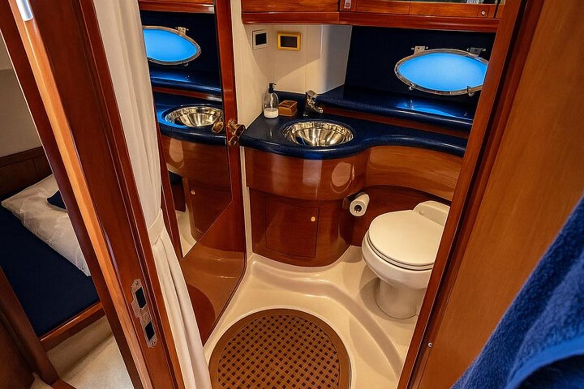 un piccolo bagno con due lavandini e un water
