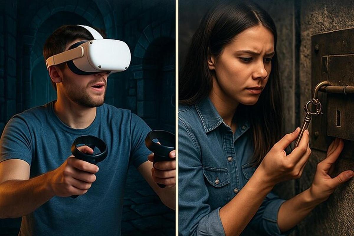 muž s okuliarmi virtuálnej reality a žena držiaca nožnice