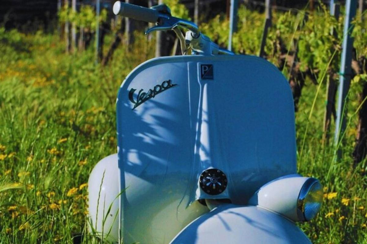 Blár vespa lagður á grasvelli
