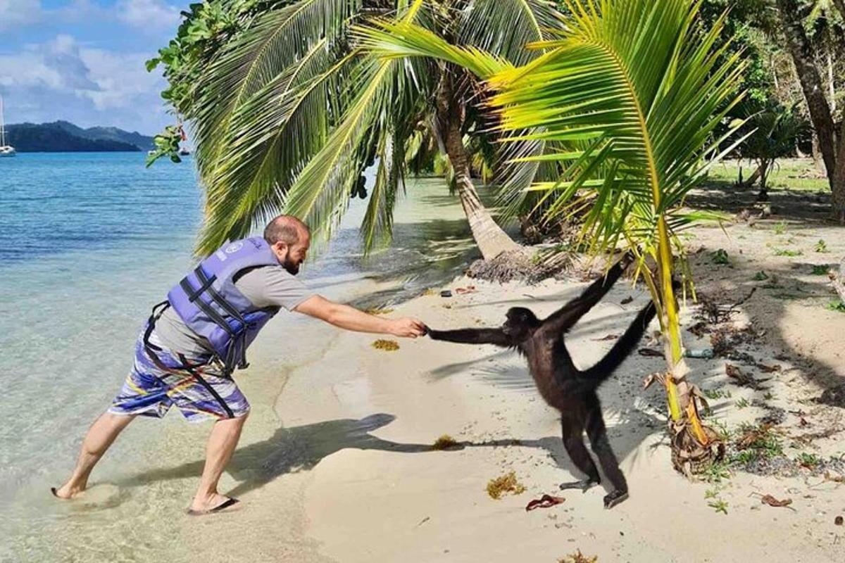 un hombre jugando con un mono en una playa