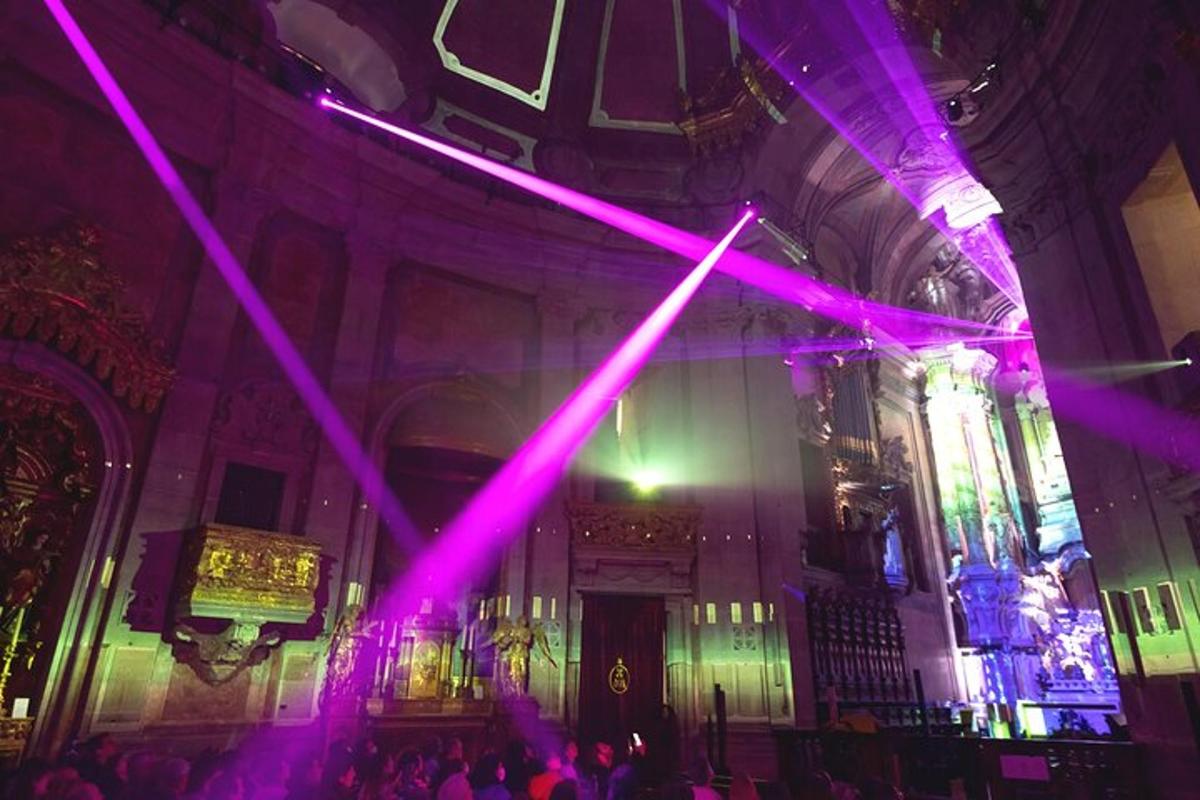 a room with purple lights in a building