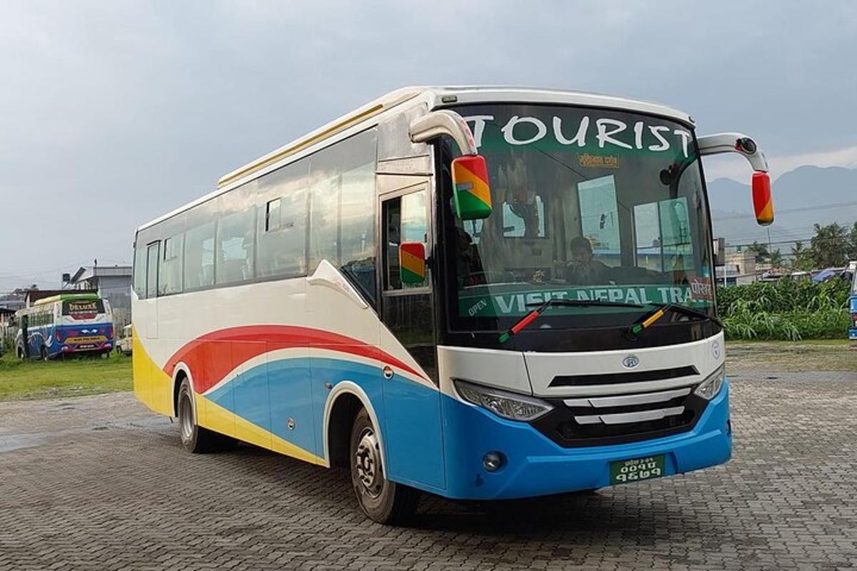 a tour bus parked in a parking lot