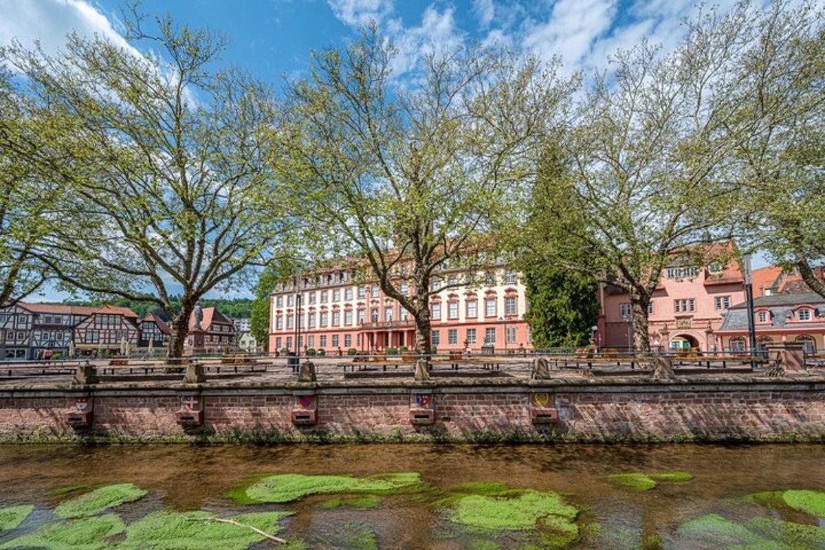 řeka se stromy a budova v pozadí