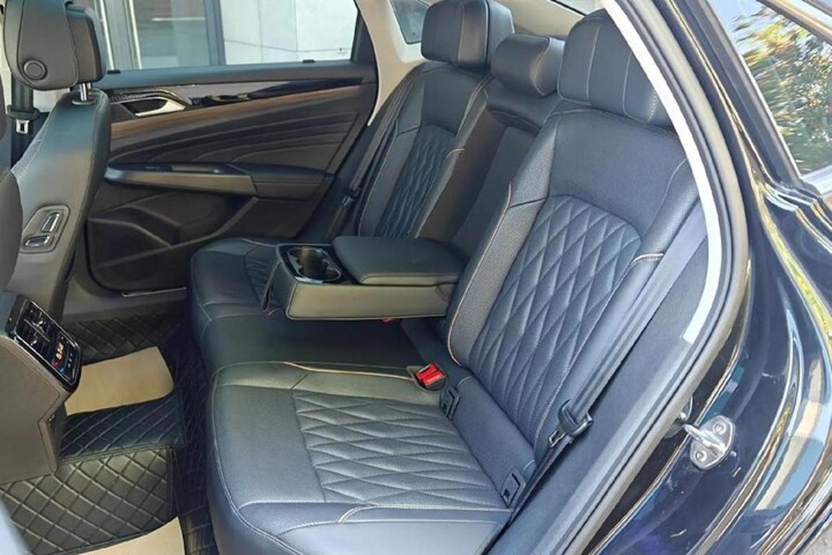 a rear seat of a car with the back seats folded