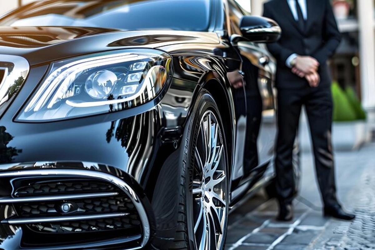 vyras su kostiumu, stovintis šalia automobilio