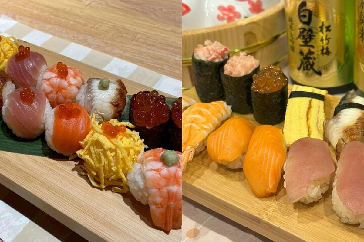 dua gambar sushi di atas papan pemotong