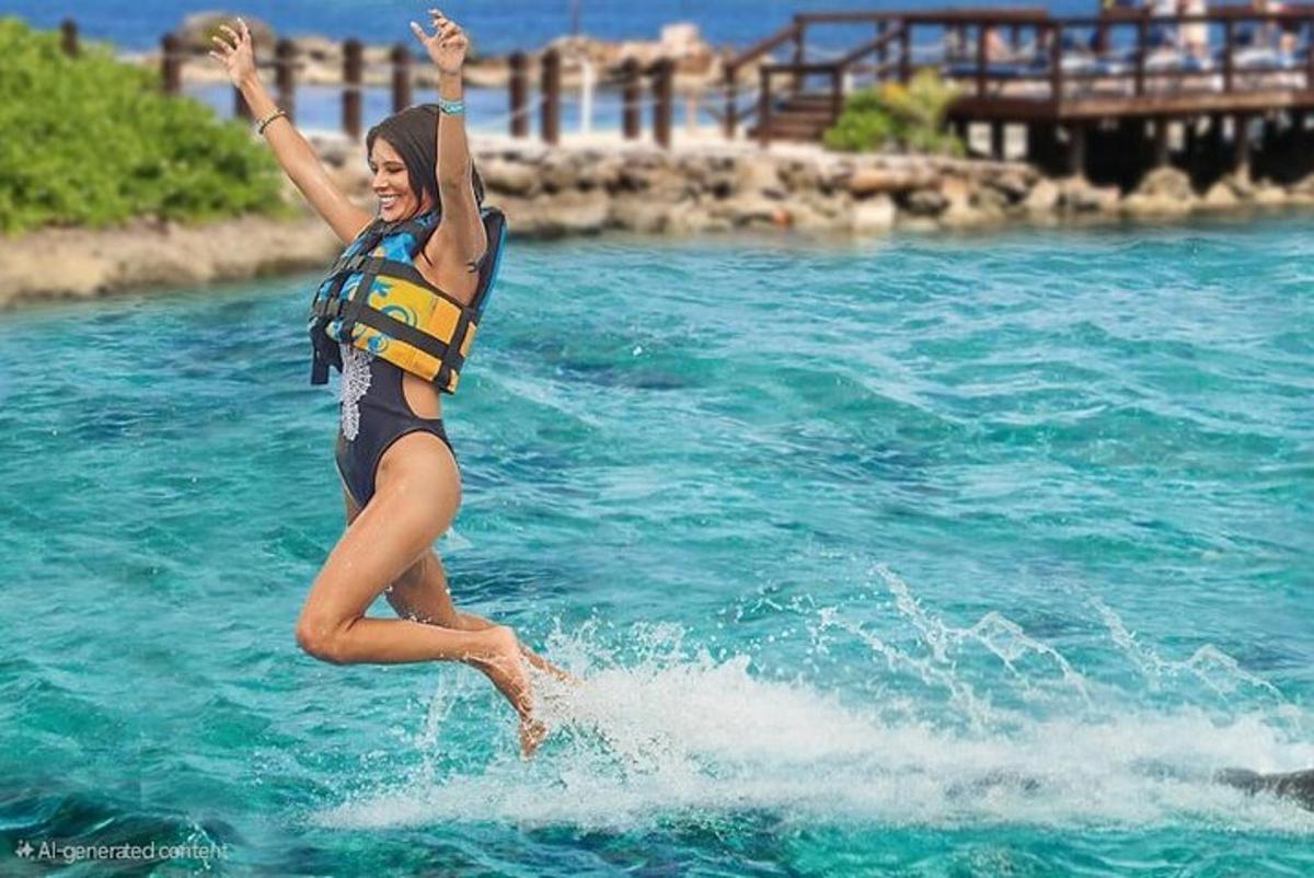 ein junges Mädchen, das auf einem Surfbrett im Wasser eine Welle reitet