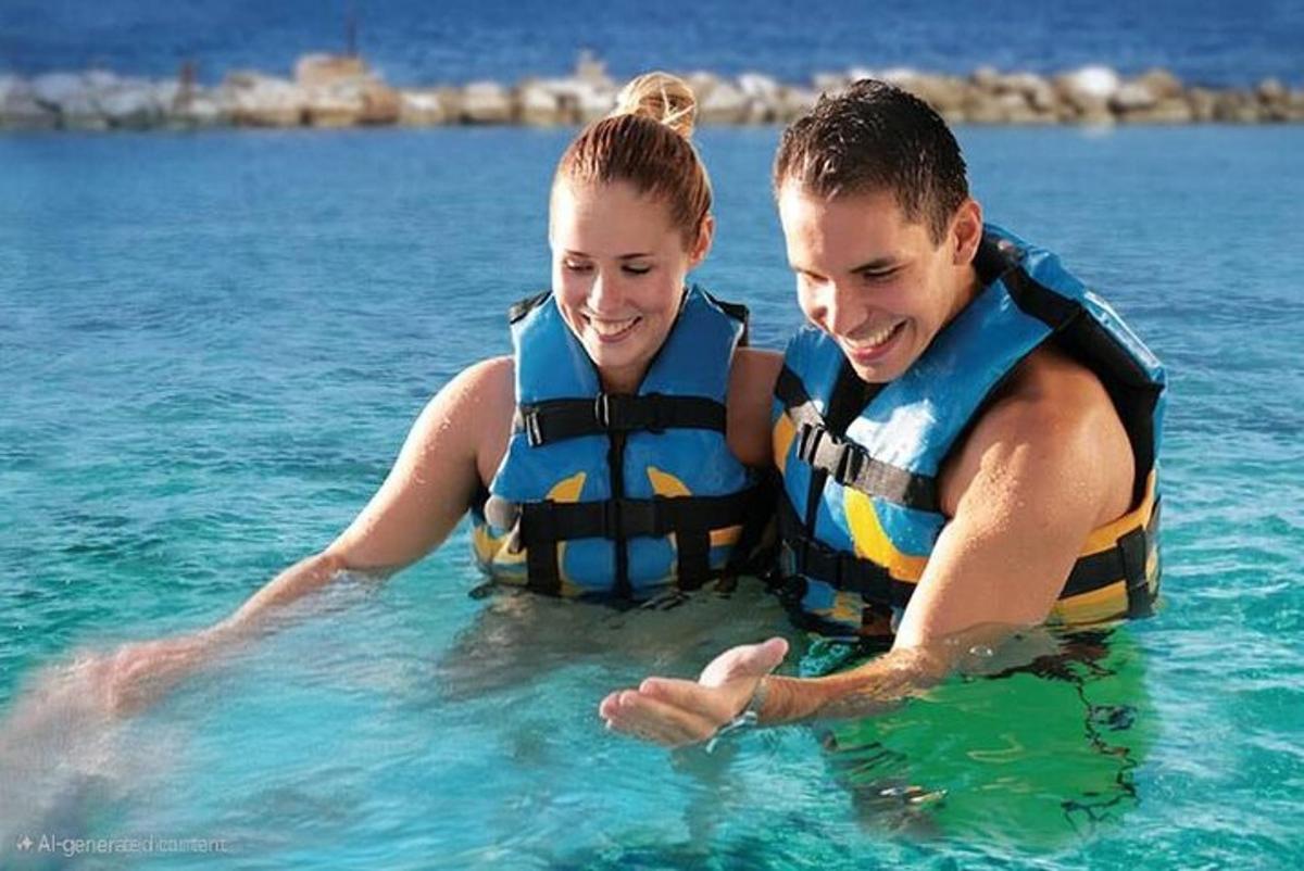 ein Mann und eine Frau mit Schwimmwesten im Wasser