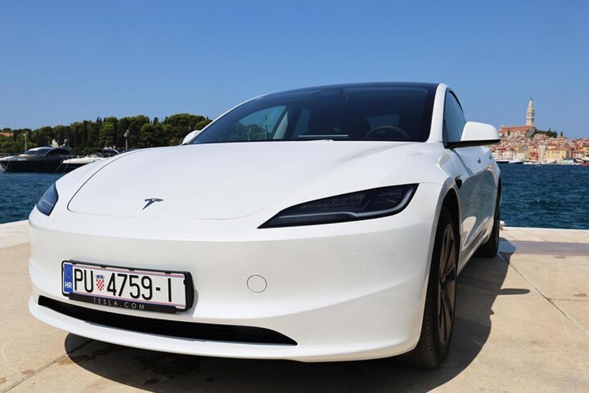 um carro tesla branco estacionado perto da água