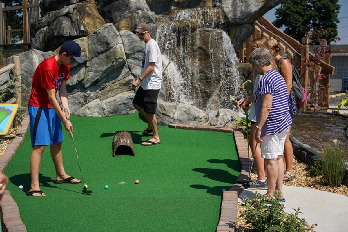 a group of people playing a game of miniature golf