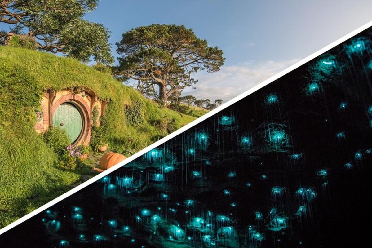 a collage of two pictures of a building with green lights