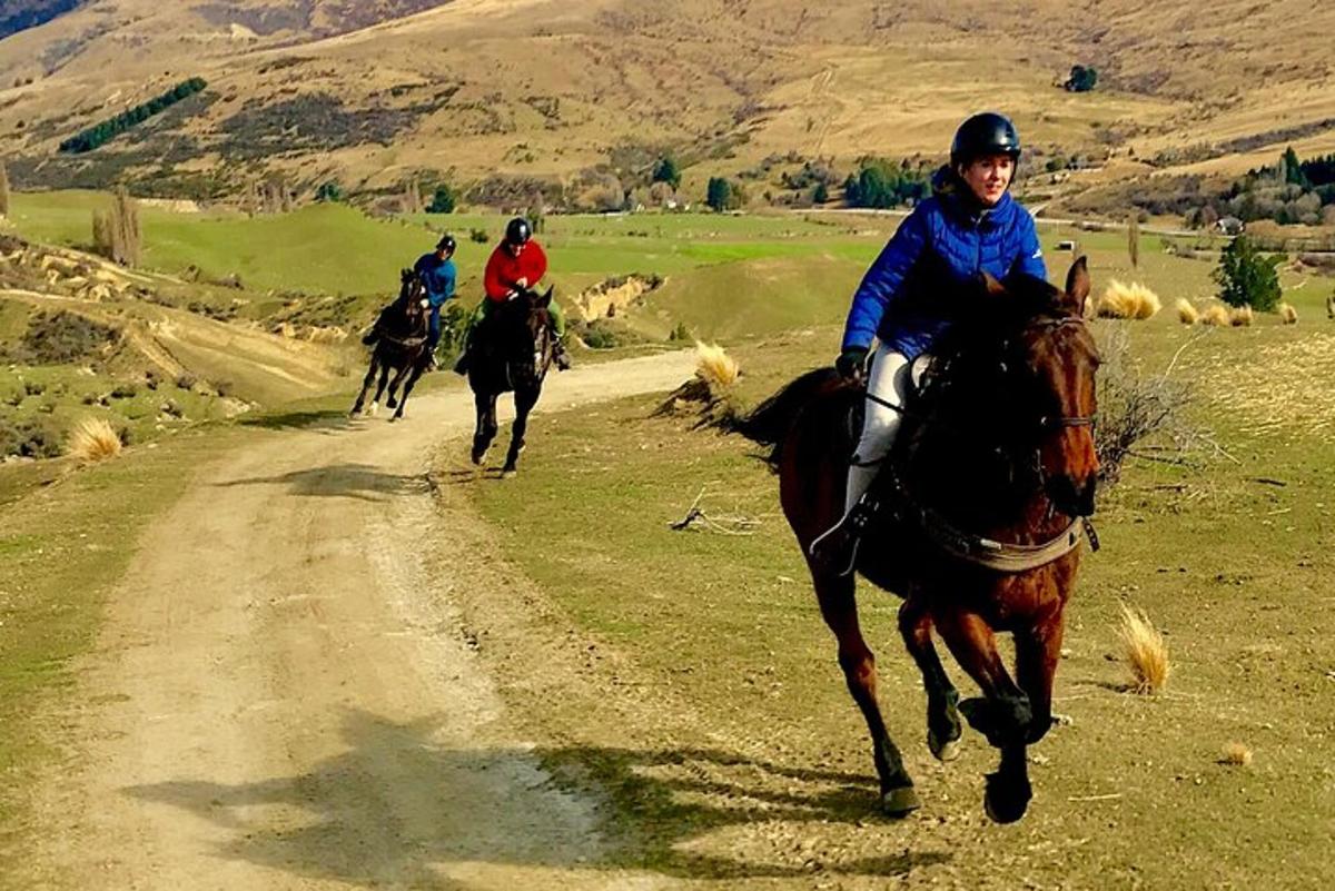 um grupo de pessoas andando a cavalo por uma estrada de terra