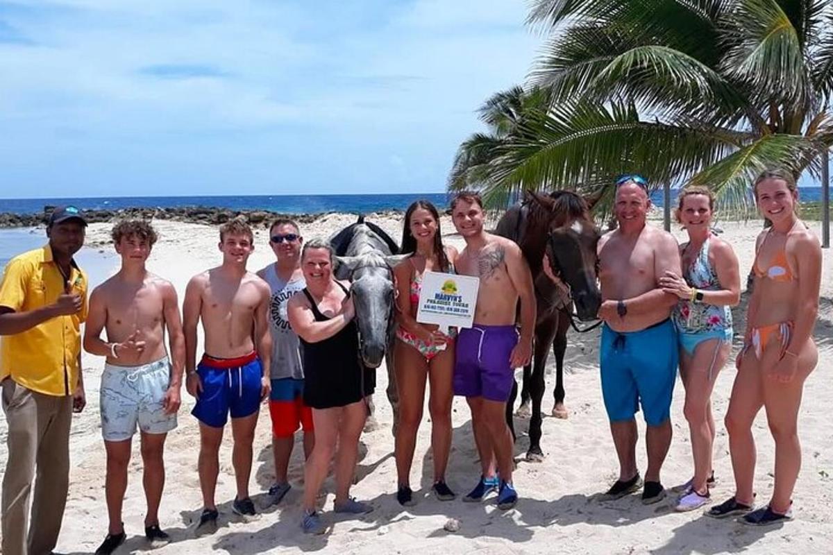 Un grupo de personas de pie en la playa con un caballo.