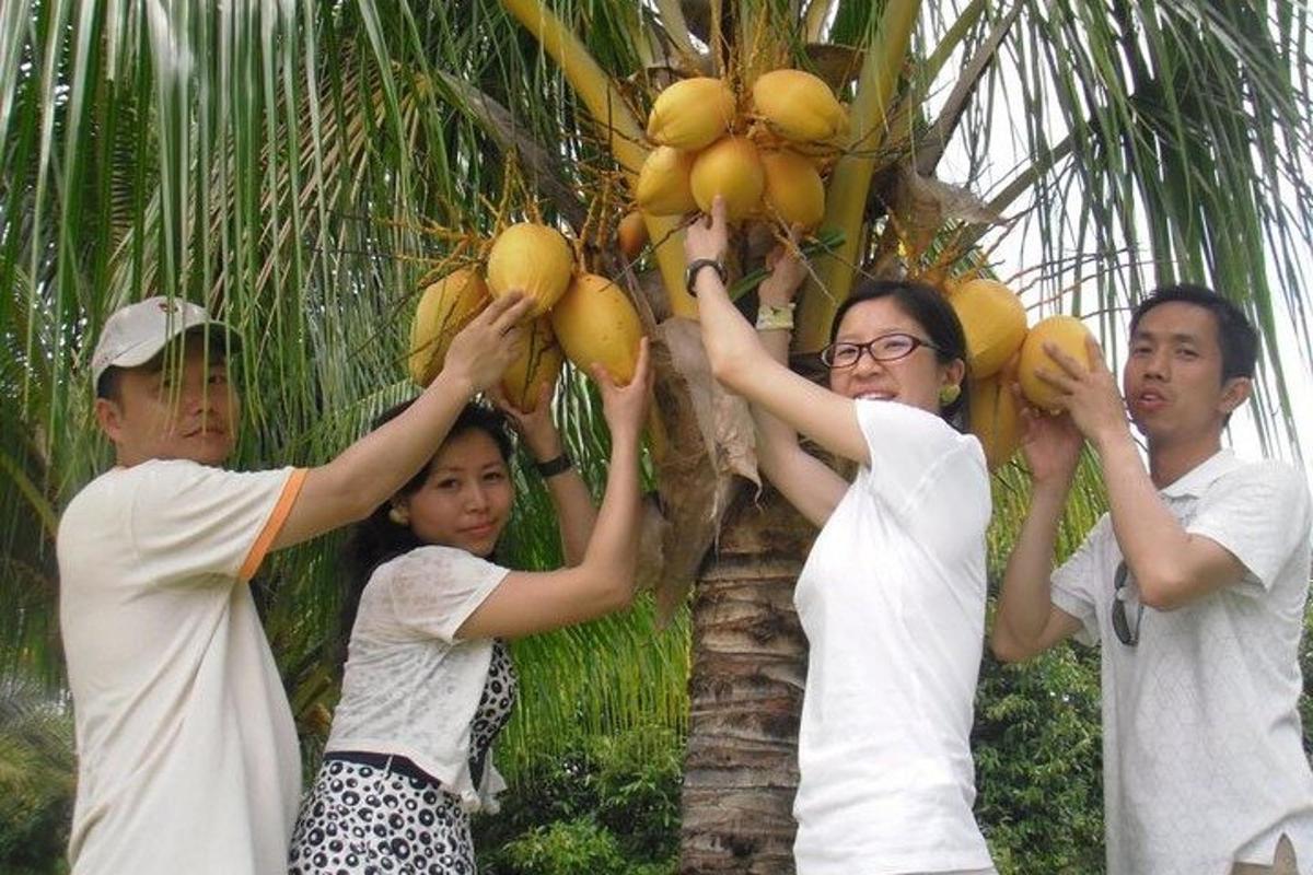 một nhóm người đang cầm chuối trên cây cọ