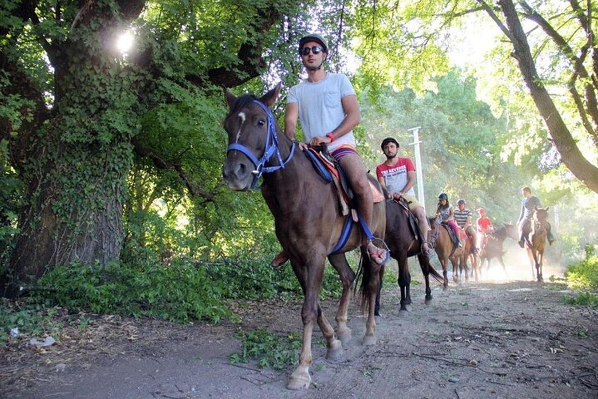 eine Gruppe von Menschen reitet auf Pferden einen Pfad entlang