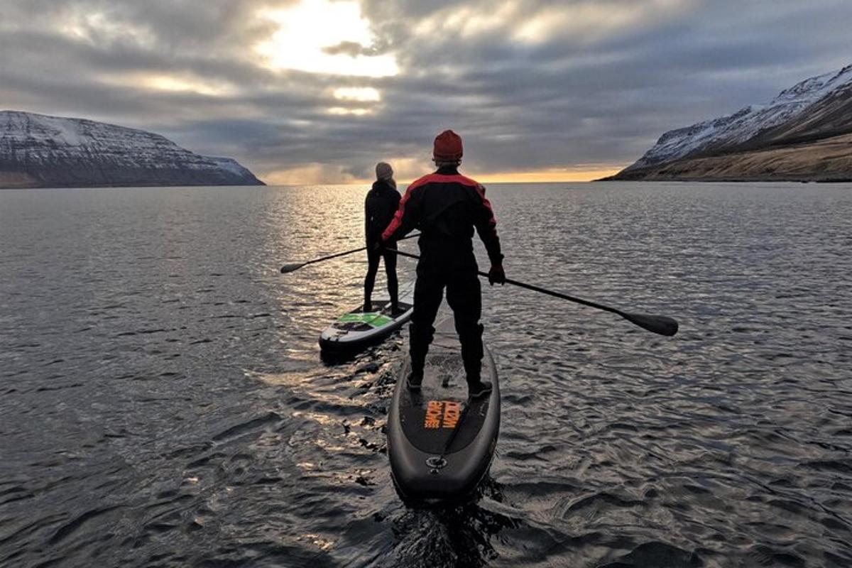 duas pessoas estão praticando stand up paddle em um lago