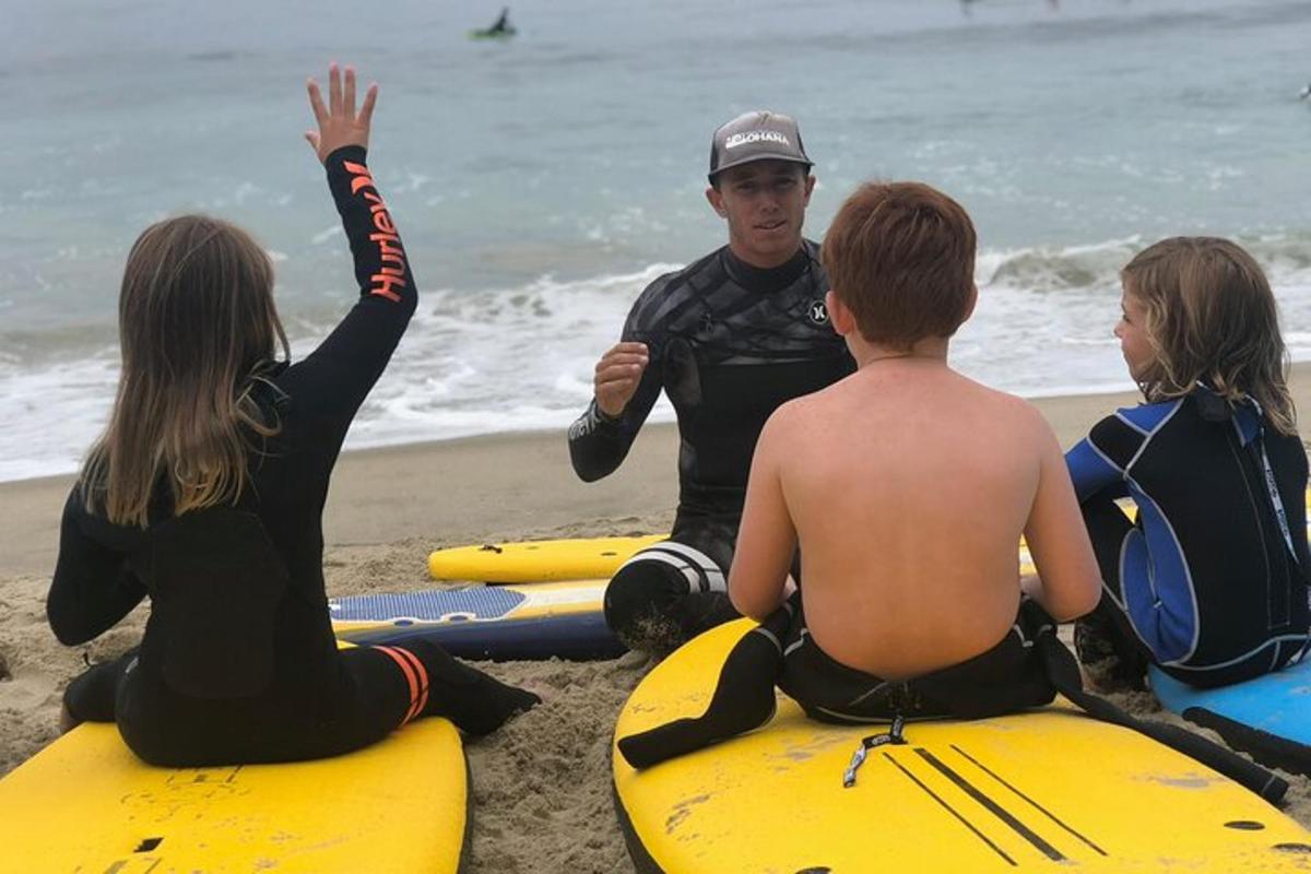 en gruppe mennesker som sitter på surfebrett på stranden