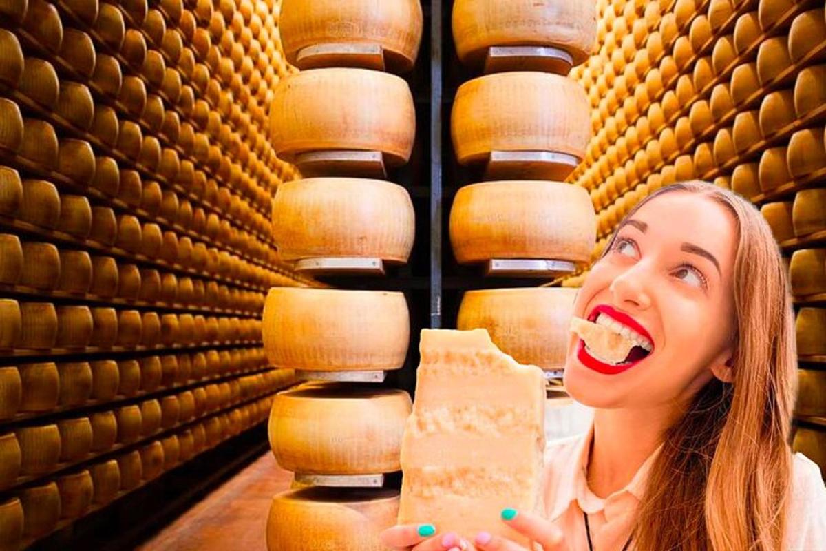 a woman holding a piece of cake in a bakery