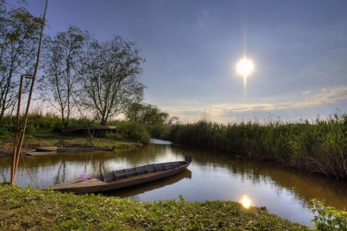 una barca su un fiume con il sole nel cielo