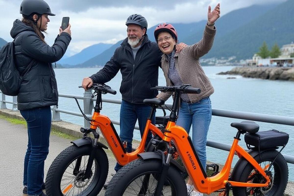 自転車の横に立っている3人のグループ