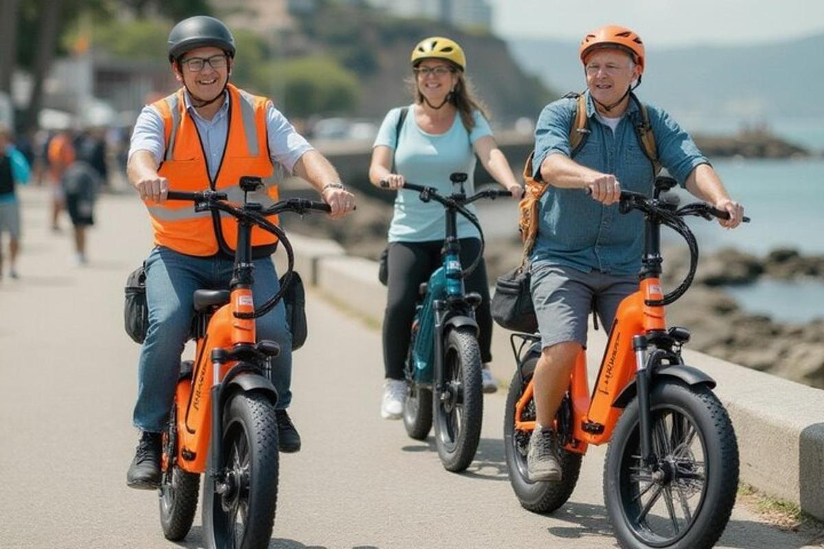 歩道を自転車で走る人々のグループ