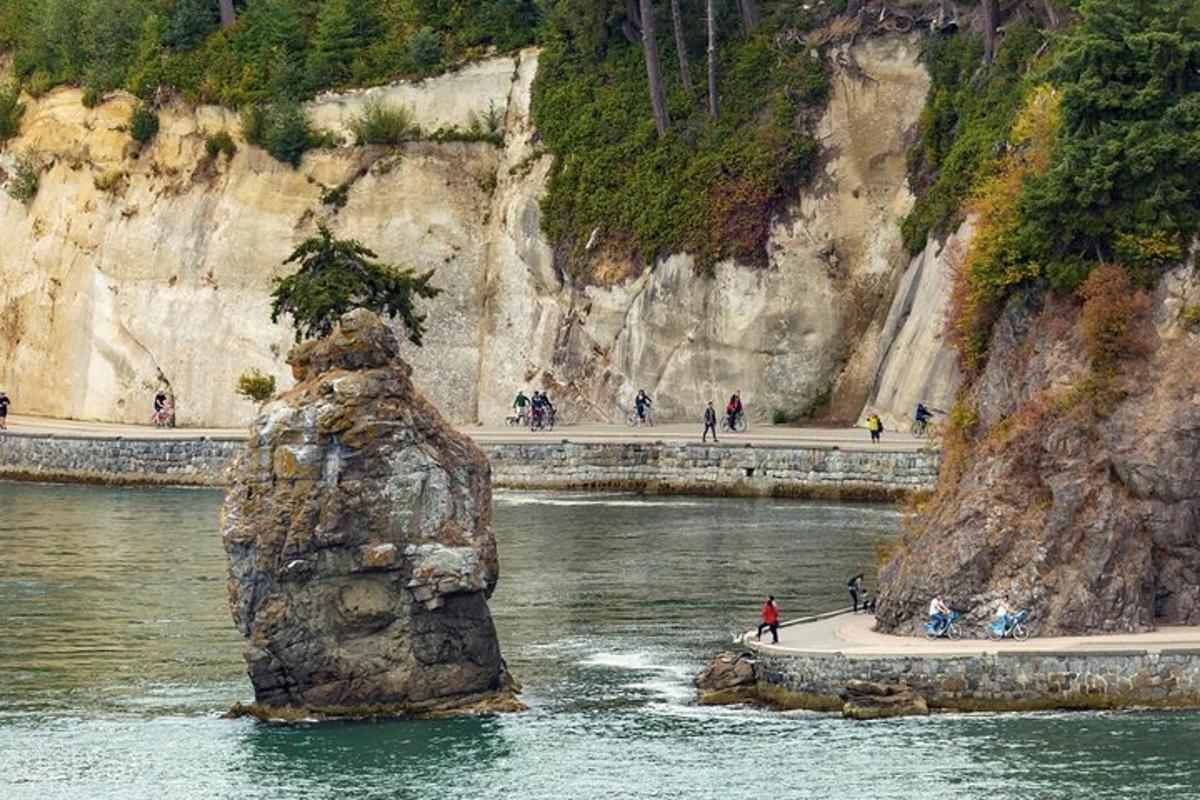 山の隣の水の中の大きな岩