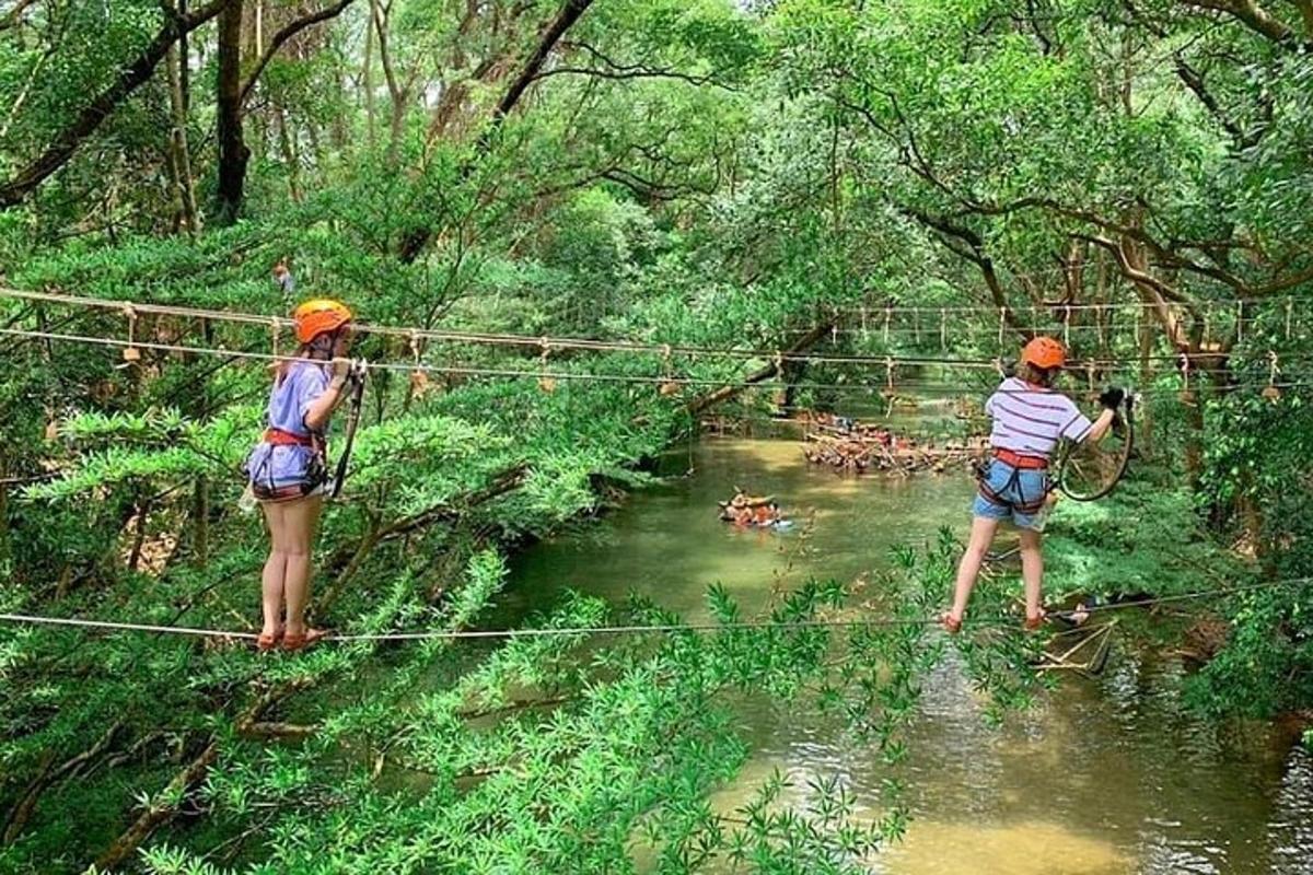 two people walking across a suspension bridge over a river
