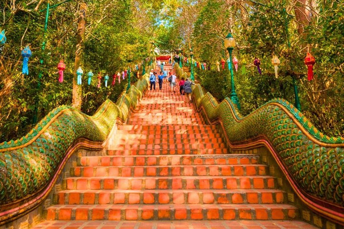 một cầu thang trong công viên có người đi xuống