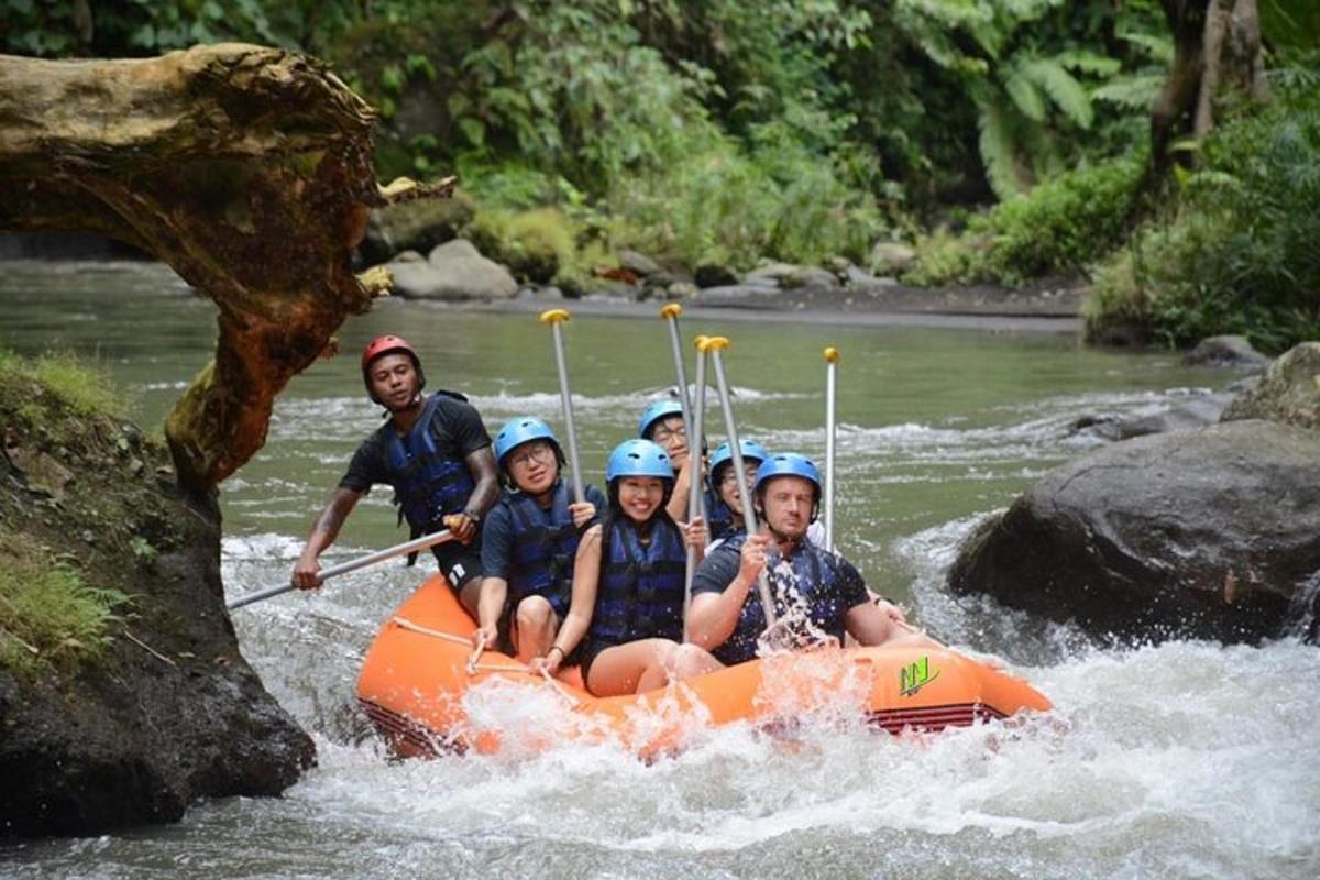 a group of people in a raft on a river
