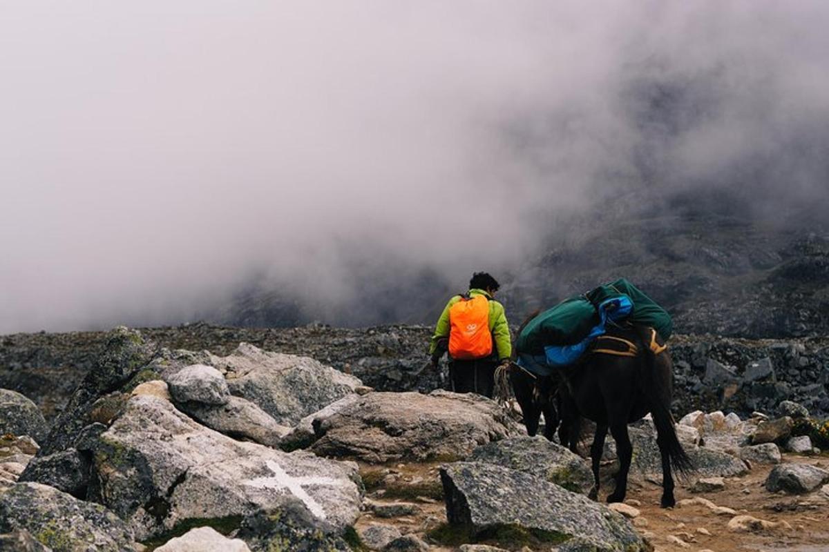 Ein Mann steht mit einem Pferd auf einem Berggipfel