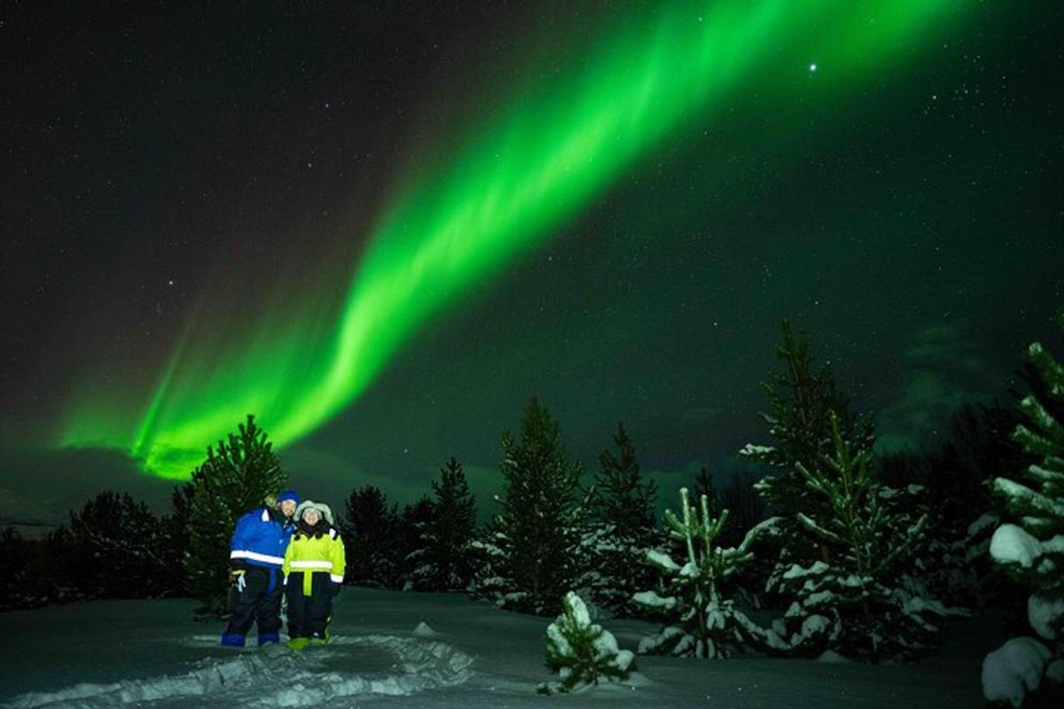 ryhmä ihmisiä seisoo revontulien alla