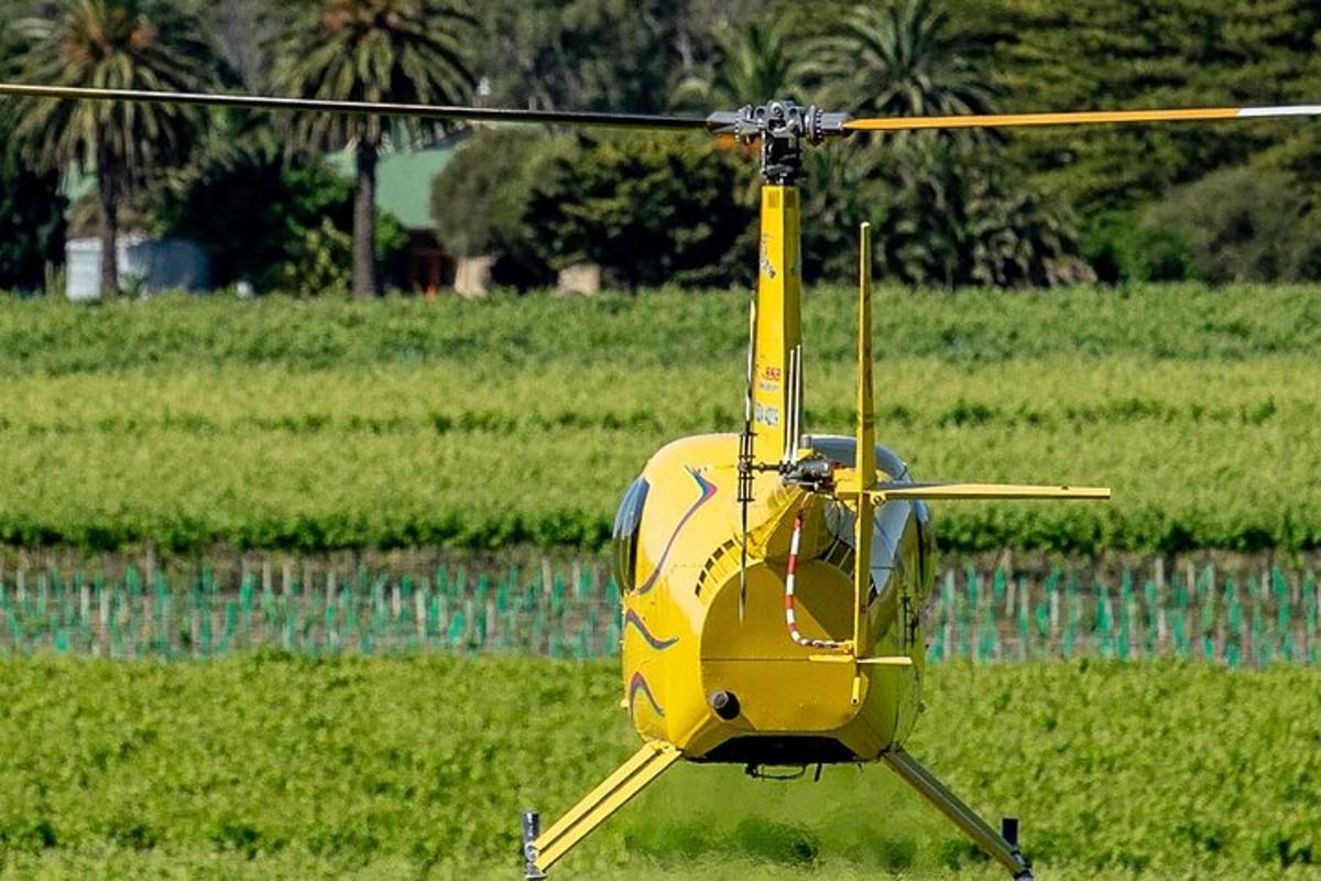 un elicottero giallo è seduto in un campo