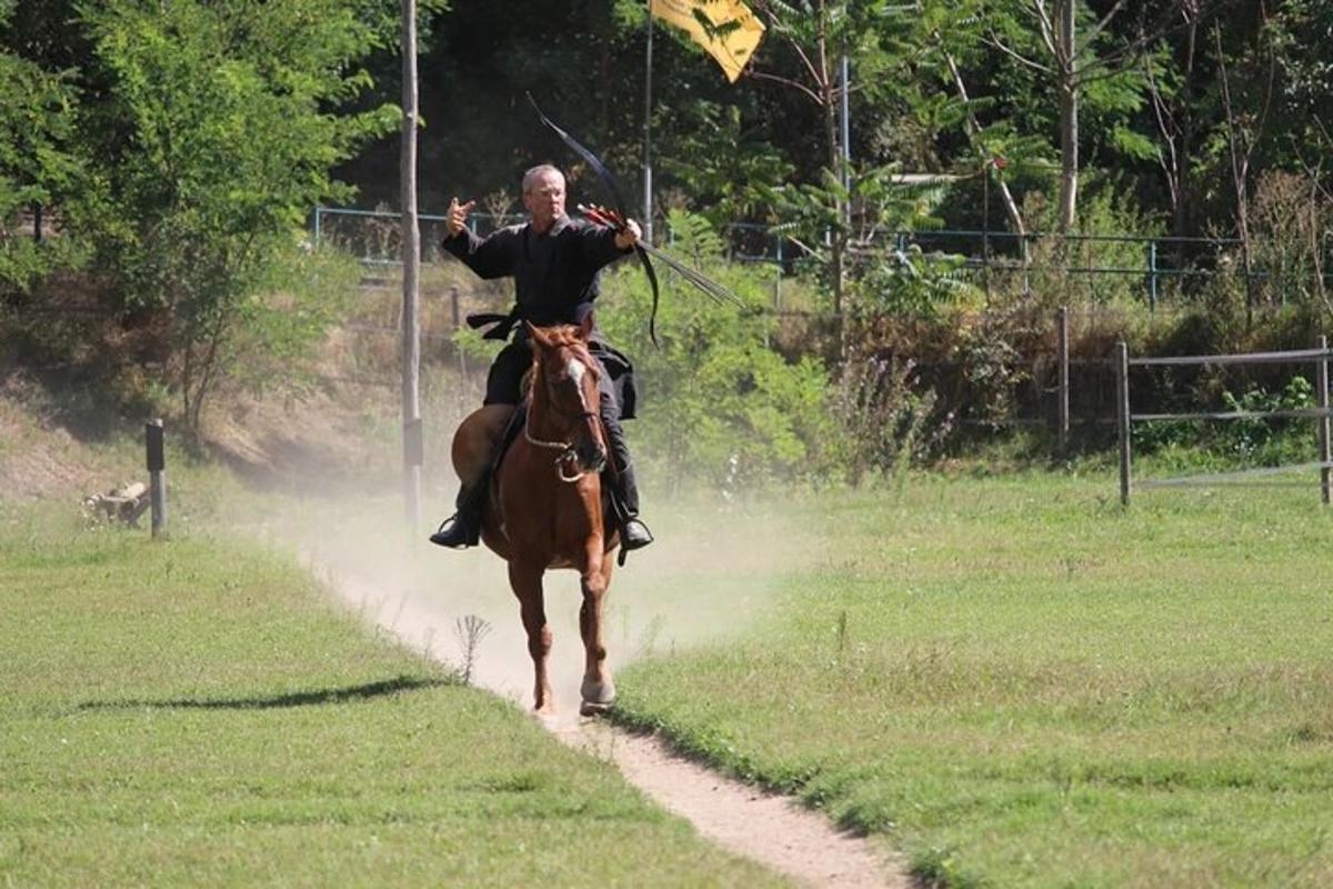 一名男子骑着马沿着土路行驶